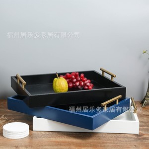 Customized MDF <b>Tea</b> <b>Tray</b> With Metal Handles Wooden Storage <b>Tray</b> For Coffee <b>Tea</b> Serving Hotel Use Matte Black Glossy White Floral - Product Image 3