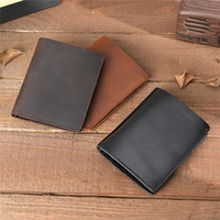 Dompet Kartu Lipat Tiga Tipis Kulit Asli Pria Vintage Anti-Pencurian Crazy Horse