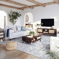 Table basse moderne en bois massif avec rangement, design accent rotin, parfait pour le salon, noyer, moyen