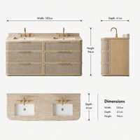 Meuble-lavabo double en chêne massif Japandi haut de gamme avec incrustations en rotin, vasque double de luxe de 72 pouces avec plateau en marbre, design organique moderne et courbé