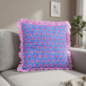 Floral Square <b>Cushion</b> <b>Cover</b> With Pink Ruffle Trim Bohemian Style Home Decor Pillow Case Blue And Pink Pattern Home Hotel Decor - Product Image 3