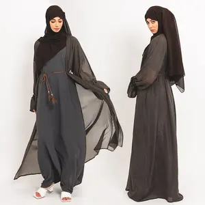 Islamic clothing Saudi Arabia flared sleeves abaya designs wholesale two pieces Arab women brown open abayas Iinner dress set