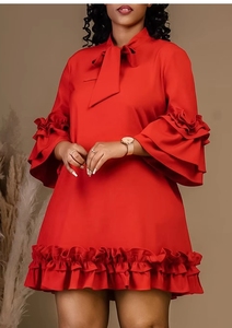 HANOU nouvelle mode chaude lâche couleur unie bords effilochés à manches longues élégant <span class=keywords><strong>Pile</strong></span> up manches cravate à volants <span class=keywords><strong>Midi</strong></span> droite tenue décontractée - Product Image 2