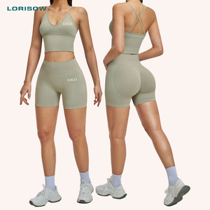 LORISOW Ensemble de sport deux pièces pour <span class=keywords><strong>femme</strong></span>, taille haute, sans couture, avec soutien-gorge de sport et <span class=keywords><strong>short</strong></span> de yoga à effet froncé aux fesses, pour fitness et gym - Product Image 1