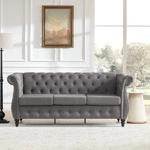 Chesterfield Sofa Với Cánh Tay Cuộn Nút Cổ Điển Tufted 3 Chỗ Ngồi Đi Bộ Với Naiilhead Trim Phòng Khách Bọc Linen Ghế Sofa