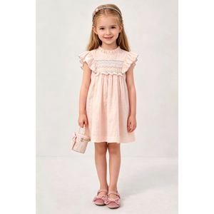 Vestido de Niña con Bordado Fruncido Rosa Dulce, Manga con Volantes, Algodón y Lino, Estilo Princesa, Ropa Infantil OEM ODM - Product Image 1