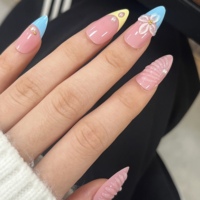 Faux ongles 3D en forme d'amande, couleur rose nude, avec pointes françaises bleues et jaunes, design perle, réutilisables