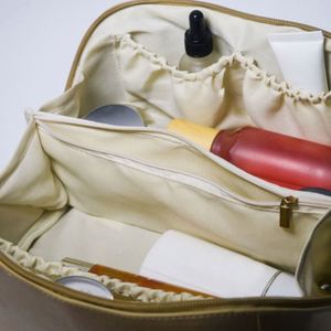 Elegant Golden PU Cosmetic Bag Large Capacity Open Flat Toiletry Bag Portable Travel Makeup <b>Pouch</b> - Product Image 4