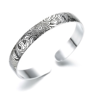 Bracelet ouvert vintage à motif <span class=keywords><strong>sutra</strong></span> bouddhiste, feuille de bambou, fleur de prunier, <span class=keywords><strong>lotus</strong></span>, plaqué argent - Product Image 1