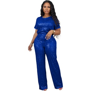 2025 Spring Summer Collection Women's Casual Two-Piece Set Short-Sleeved <b>Pants</b> <b>Sequin</b> Embroidery Solid Color Available for Amazo - Product Image 5