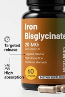 Cápsulas de Bisglicinato de Hierro 20mg con Vitamina C, Alta Absorción, Suave para el Estómago, Alto Contenido Proteico, Suplemento para el Sistema Inmunológico en Adultos, OEM