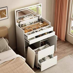 Mini tocador con espejo iluminado, moderno y minimalista, color crema, mueble de almacenamiento para maquillaje, mueble de dormitorio - Product Image 2