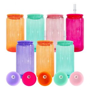 Listo para Enviar: Vaso de Agua de Vidrio de Borosilicato de 16oz, 5 Colores Surtidos, Irrompible, con Tapas de Plástico Coloridas - Product Image 1
