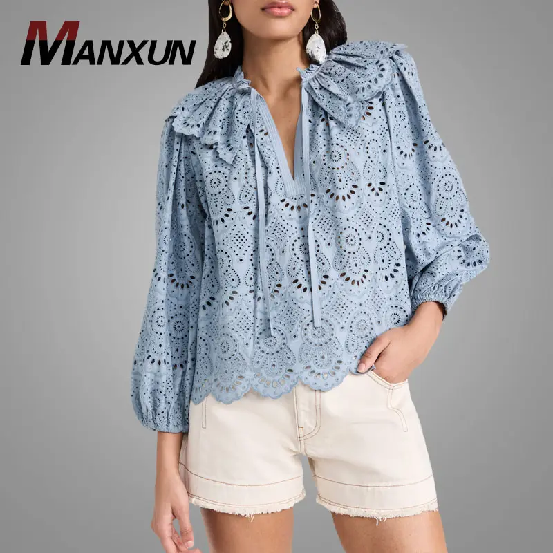 Ladies Fashion Autumn Clothing Soft Cotton Solid Shirt Blouses Women Sexy Long Sleeve V Neck Lace Tops and Blouses