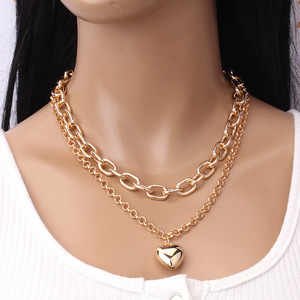 Collier double couche en métal en forme de cœur, style européen et américain, en alliage de zinc, pour femme, idéal pour les fêtes, bijou ras du cou ou pour la clavicule - Product Image 1