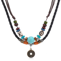 Collier en cuir tressé multi-couches de style vintage avec perles turquoise, collier personnalisé avec pendentif pièce de monnaie en alliage de cuivre antique