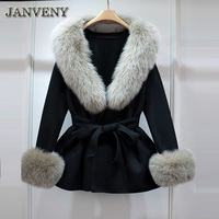 JANVENY 2024 Hiver Manteaux Femme Mélange Laine Cachemire Véritable Col et Poignets en Fourrure de Renard Naturelle Longueur Mi-Longue Ceinturée Vestes en Laine pour Femmes