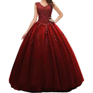 Red V-neck Ball Gown Evening Dress Chiffon Floral Print Empire Waistline Wine Red Adult Women's Formal Wear - Product Image 1