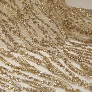 Hot Selling Golden Shiny Strass Glitter Mesh Tüll Spitzens toff für Hochzeits abend Party Kleid