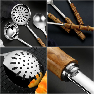 Ensemble d'ustensiles de cuisine et de vaisselle avec manche en bambou en acier inoxydable cuillère à soupe <span class=keywords><strong>passoire</strong></span> spatule pour la cuisine ustensiles ménagers - Product Image 3