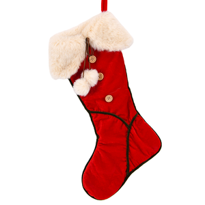 Red Velvet Christmas Stocking Faux Fur Cuff Pompom Wooden Button Xmas Sock for Fireplace Hanging - Product Image 1
