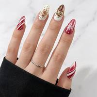 Faux ongles personnalisés OEM de Noël à presser, forme amande, peints à la main, motifs pain d'épices, flocon de neige, canne à sucre, vente en gros en vrac