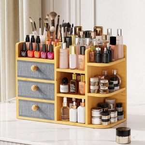 Bamboo Cosmetic Storage <b>Box</b> With Drawers Solid Wood Countertop <b>Makeup</b> Organizer - Product Image 1