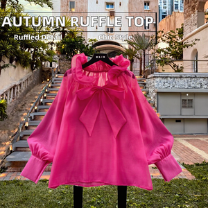 Camicette Casual da <span class=keywords><strong>Donna</strong></span> Autunnali con Maniche Lunghe, Vestibilità Ampia, Tessuto Traspirante, <span class=keywords><strong>Colletto</strong></span> con Ruches, Eleganti Top all'Ingrosso - Product Image 1