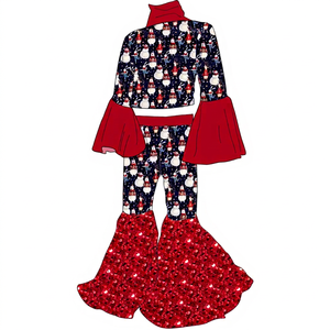 Conjunto de 2 Piezas para Niños y Niñas, Estilo Europeo-Americano, con Estampado de Muñeco de Nieve, Manga Larga, Pantalones Cortos, Lentejuelas Rojas, Poliéster/Nailon - Product Image 1