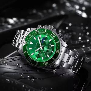 Montre-bracelet pour homme <span class=keywords><strong>CUENA</strong></span> 6003, calendrier de date, bracelet en acier inoxydable doré, cadran 12/24 heures, aiguilles lumineuses, cadran vert - Product Image 4