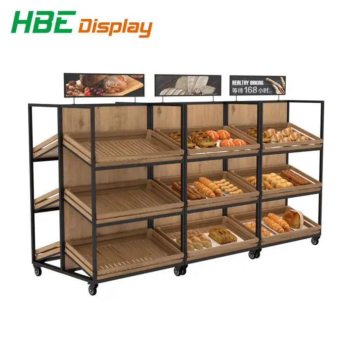 FixtureDisplays® 4-Tier Bakery Bread Rack with Angled Shelves Wooden  Display Rack Bread Store Rack 30X18X55 101143-NF