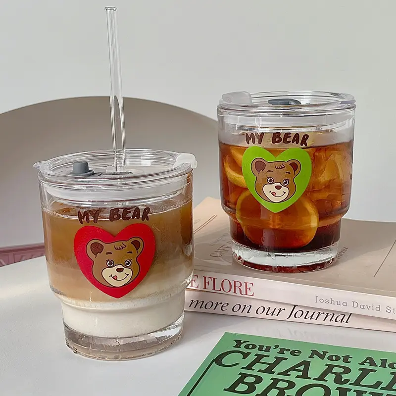 Tasse à café en verre ours coréen Portable avec couvercle et paille ins lait tasse Latte boisson tasse verres pour cadeau de bureau