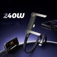 Câble de charge rapide Type-C rétractable MAX 240W 5A, design plat ultra-fin, en nylon tressé, support de téléphone pour le jeu, utilisation durable