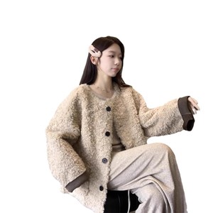 Korean Style Faux Lamb Wool Coat Women Winter Loose Thick Warm Long Sleeve Solid Color Buttons Khaki Black - Product Image 5