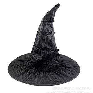 Sombrero de bruja de Halloween, accesorio de disfraz de fiesta puntiagudo plisado negro, talla única - Product Image 5