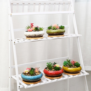 Pot succulent de jardinière de bol <span class=keywords><strong>bas</strong></span> en céramique blanche avec plateau en bambou Pot de <span class=keywords><strong>fleur</strong></span> demi-rond à fond peu profond - Product Image 3