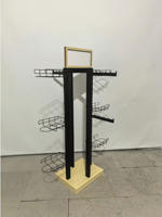 Étagère de présentation en métal à panier réglable - Support noir détachable avec base en bois pour magasin de vêtements, de chapeaux et de chaussures