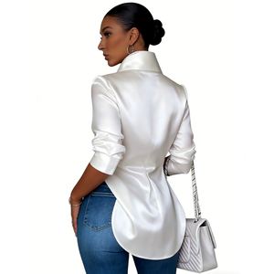 Women's Satin Longline Shirt Lapel Collar Button-Up Side Slit Blouse Casual Formal <b>Top</b> Fashion - Product Image 5