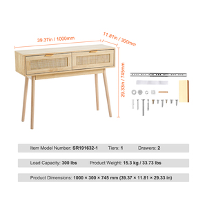 Table console en rotin avec 2 tiroirs de rangement, table d'entrée en bois naturel pour salon - Product Image 6