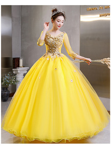 S1575N Nuovo Abito da Sera Lungo <span class=keywords><strong>Giallo</strong></span> a <span class=keywords><strong>Maniche</strong></span> <span class=keywords><strong>Lunghe</strong></span> con Gonna Voluminosa e Vita Alta in Chiffon per Performance Vocali - Product Image 3