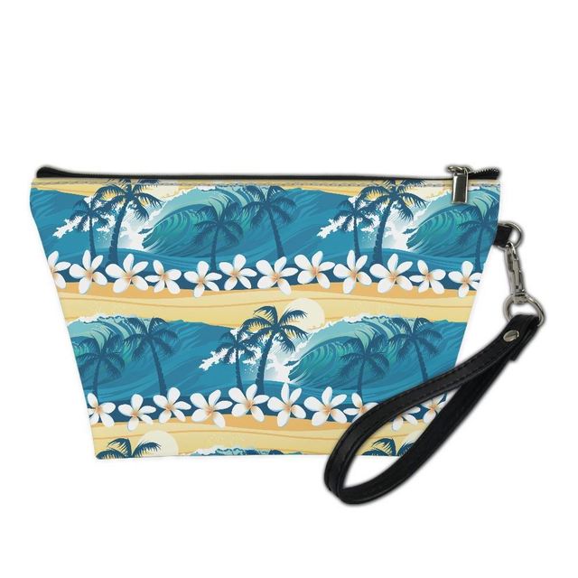 2024 Fashion Makeup Case Bag With Zipper Custom Print Ocean Wave Scenery Hawaiian Frangipani Pattern Travel Cosmetic Bag