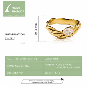 Pear Cubic Zirconia Twist <b>Ring</b> <b>Stainless</b> <b>Steel</b> 14K Gold Vacuum Plated Organic Sculptural Statement Jewelry - Product Image 2