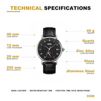 Stilvolle SKMEI 9308 Runde Mondphasen-Analoguhr 30M Wasserdicht Zinklegierung-Gehäuse Retro Lederarmband Büro Casual Herren-Armbanduhr