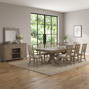 Farmhouse Style Light <b>Brown</b> Wood Dining Set-Rectangular <b>Table</b> with X-Base 8 Slat-Back Chairs Upholstered Seats Sideboard - Product Image 3