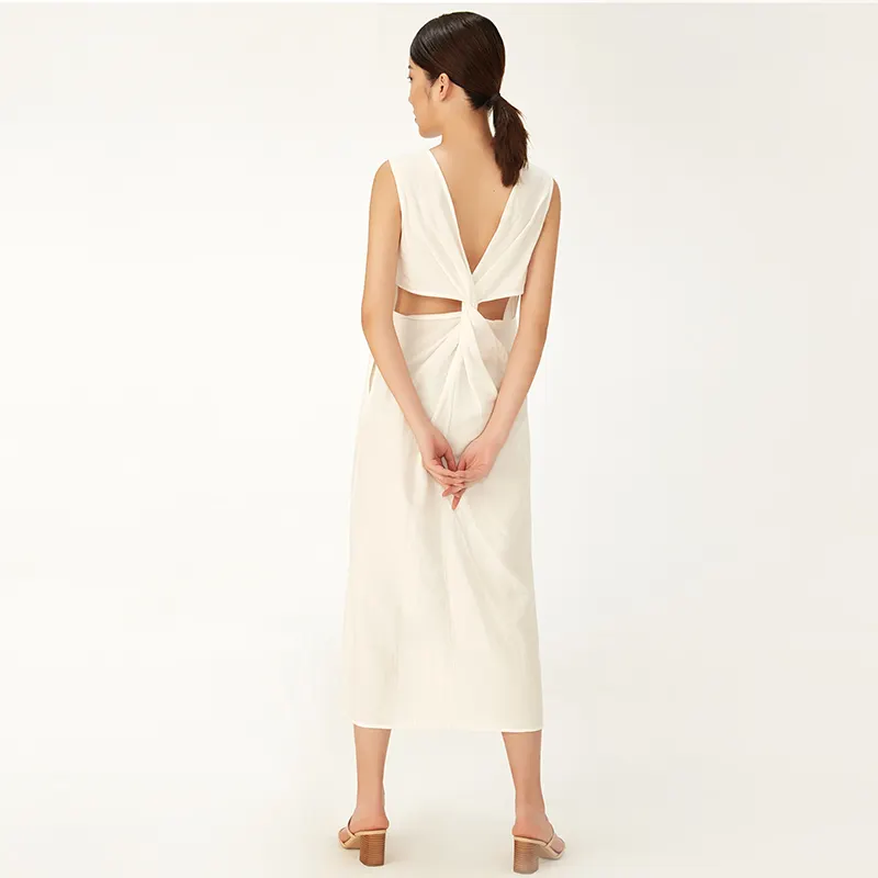 Cotton Linen Backless Blancos Vestidos Solid Color Sleeveless Casual Dresses Summer Beach White Maxi Dress For Women