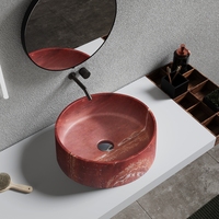Lavabo de salle de bain rond en pierre artificielle de style américain rétro, en travertin rouge, avec comptoir personnalisé