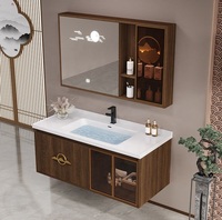 Mueble de Baño Flotante de Pared en Nogal Oscuro con Espejo Decorativo LED Inteligente y Gabinete de Vidrio para Villa u Hotel