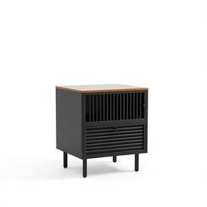 Mesita de Noche Moderna de Mediados de Siglo, Negra y Marrón, con Tapa de Madera MDF, Puerta con Rejilla y Cajón con Listones, Mueble de Dormitorio D0100HADRY7 - Product Image 1