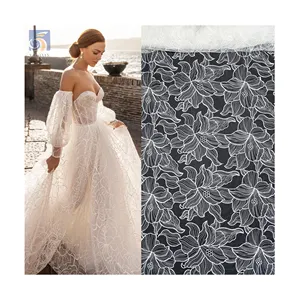 YX2736 Full Custom Lotus Pattern Design 2024 Pure White 100 Polyester Milk Silk Embroidery Mesh Tulle Fabric