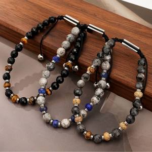 남성용 크로스 보더 새로운 천연석 패싯 청금석 옐로우 타이거 아이 패턴 4mm + 6mm 조절 가능한 팔찌 - Product Image 3